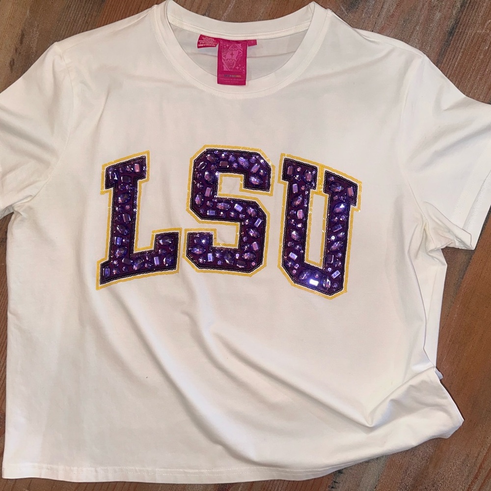 QOS White LSU T-Shirt with Purple Sequin Letters